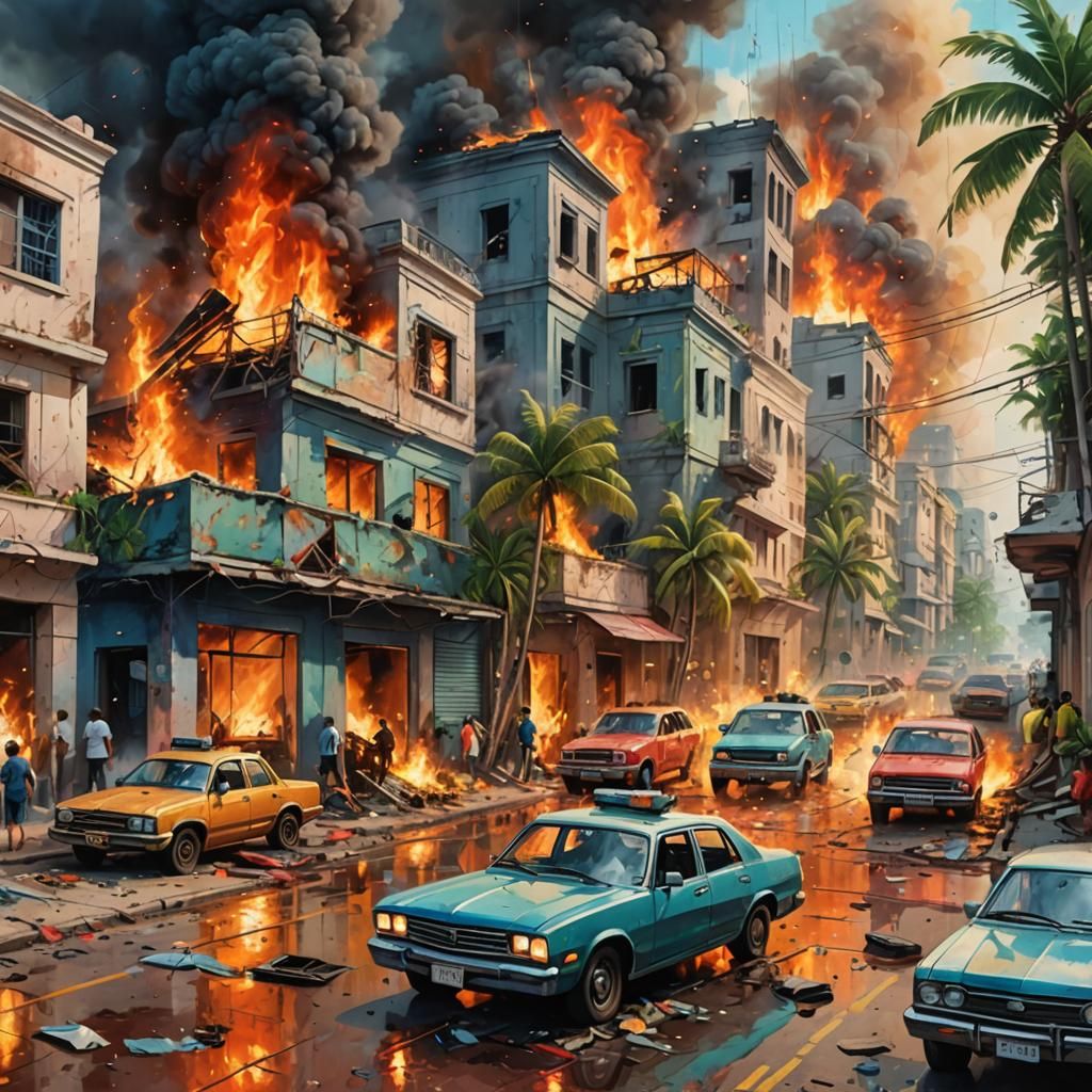 Tropical Island Riot: Burning Cars and Buildings