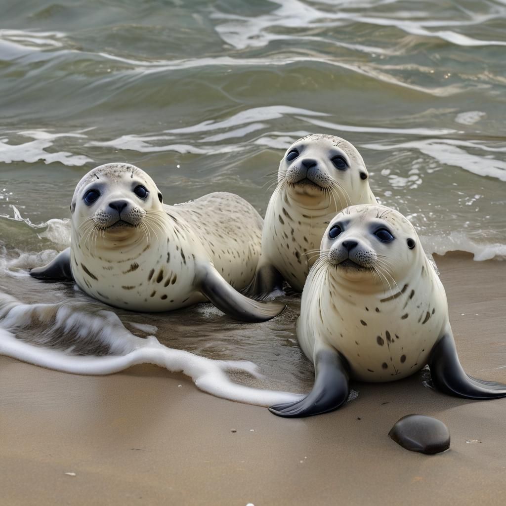 Cute Harbor Seals Playing in Waves: Chibi Realism