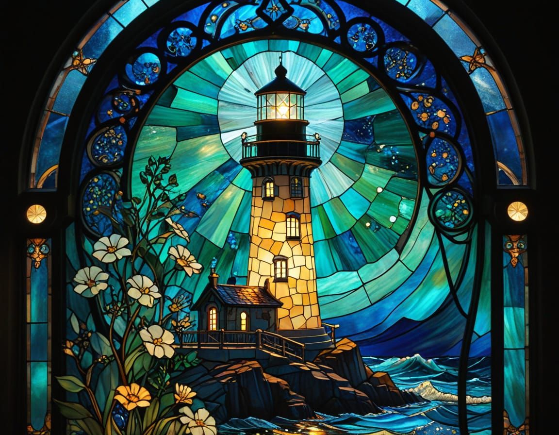 Glowing Sea Glass Lighthouse in Art Nouveau Style