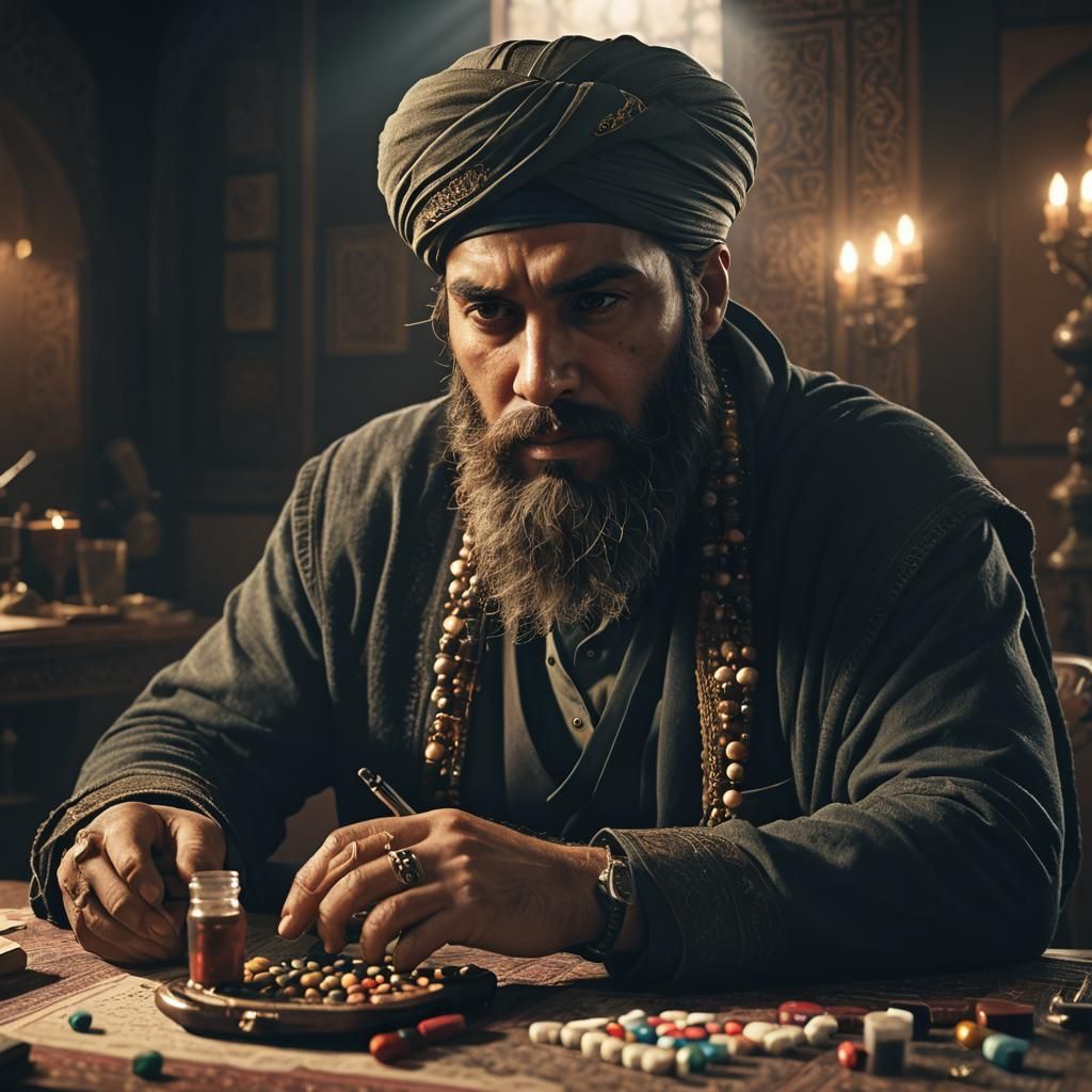 Bearded Man with Pills, Gun, and Quran