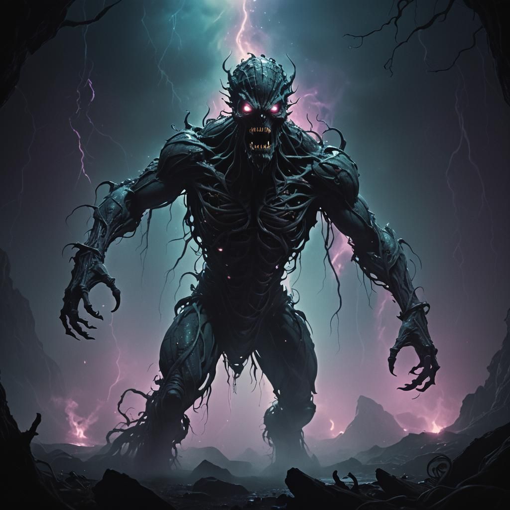 Monstrous Figure in Black Abyss: Cinematic Film Still