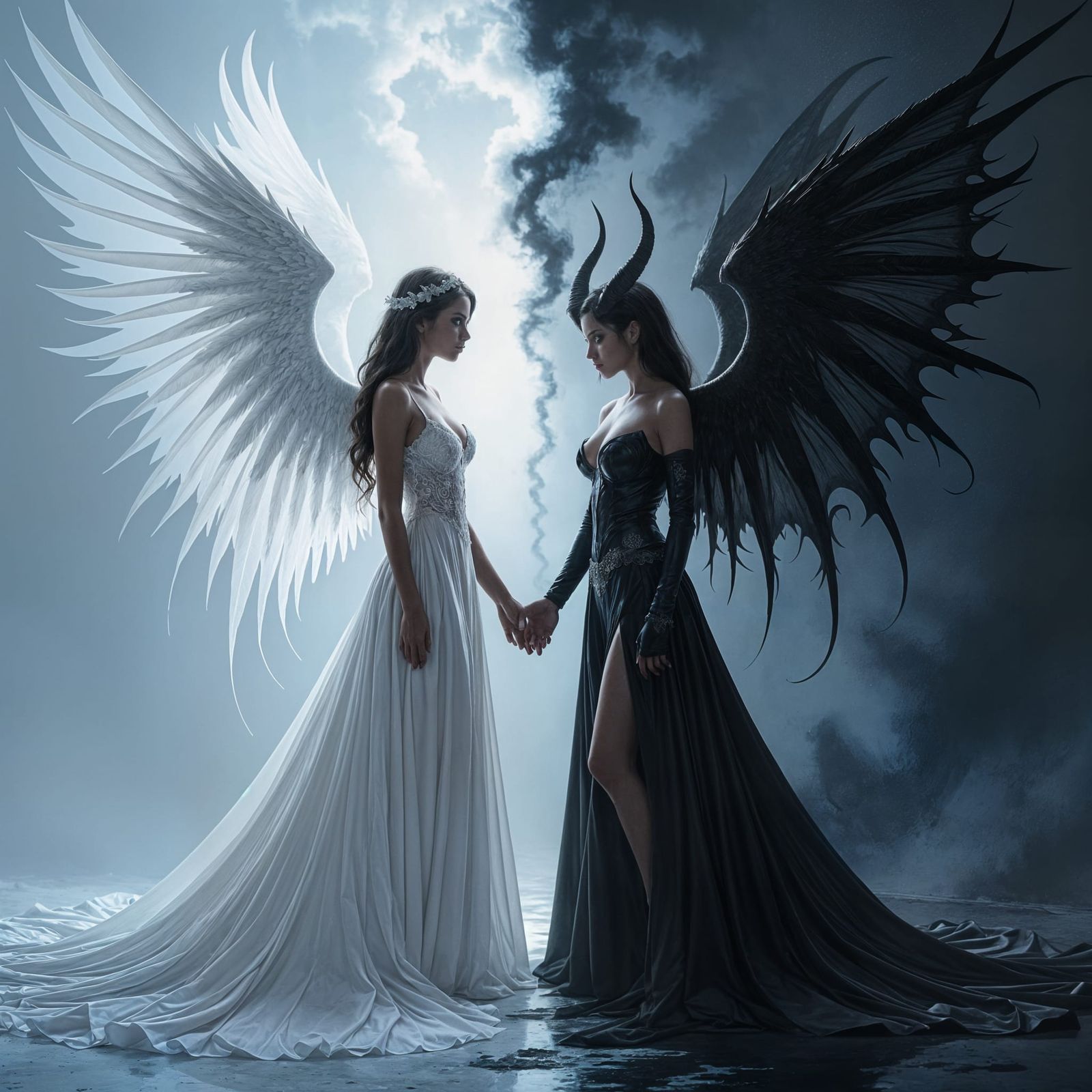 Angel and Demon Woman in Contrasting Light