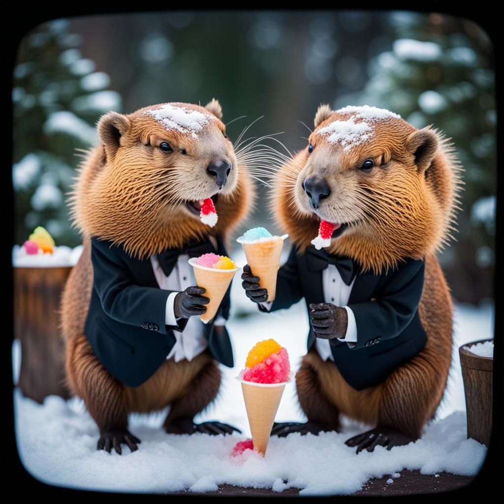 Two Beavers sharing snow cones IV