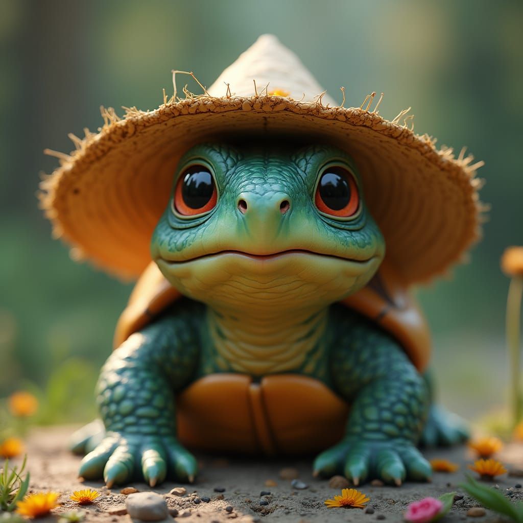 Fantastical Clay Turtle in Spring Straw Hat
