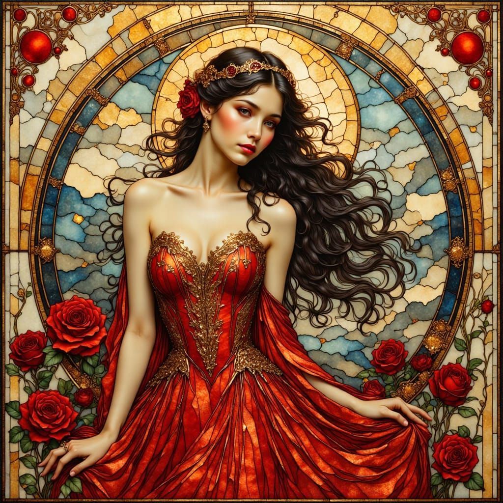 Art Nouveau Woman with Roses in Stained Glass Style