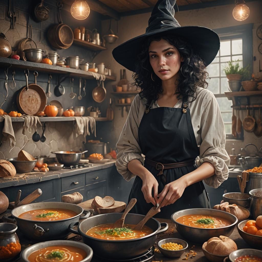 Whimsical Witch Baking Bread: Detailed Matte Painting