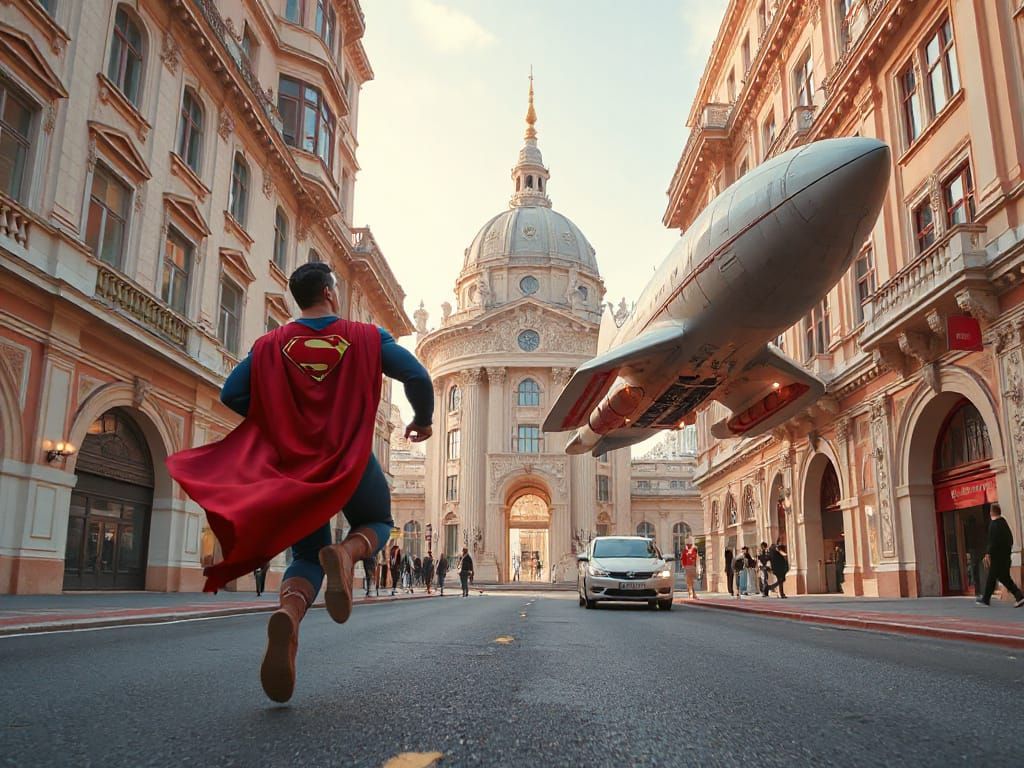 Superman chasing after a Rocketship in a town..