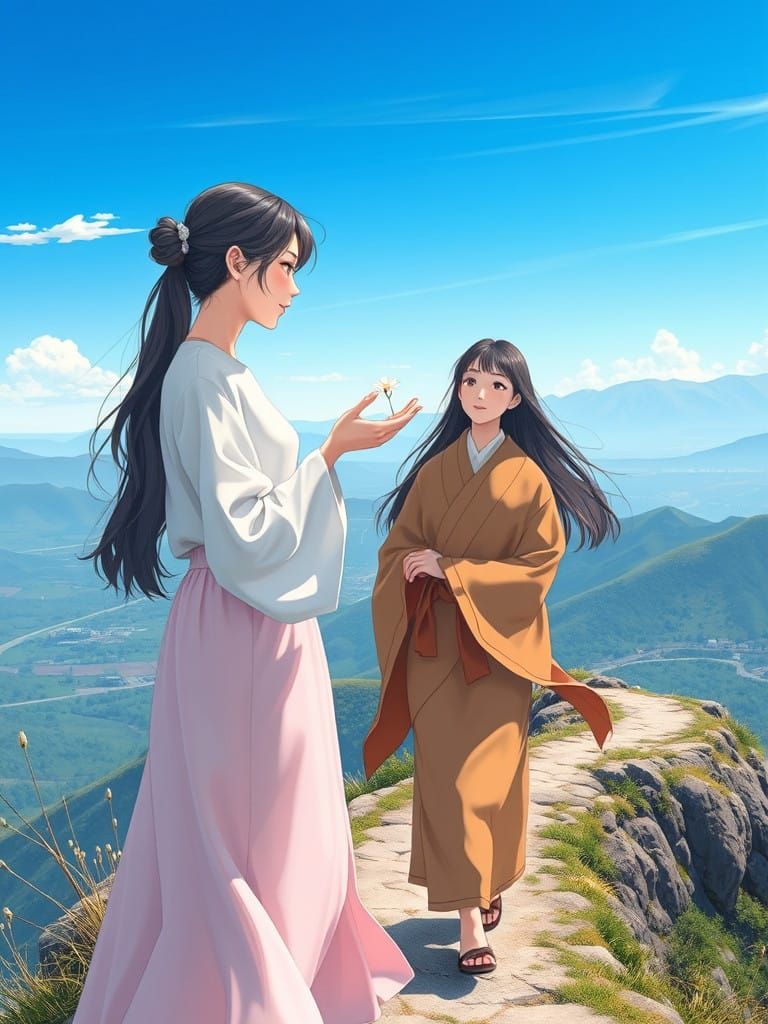 Serene Young Women Share Moment on Mountain Path in Anime-In...