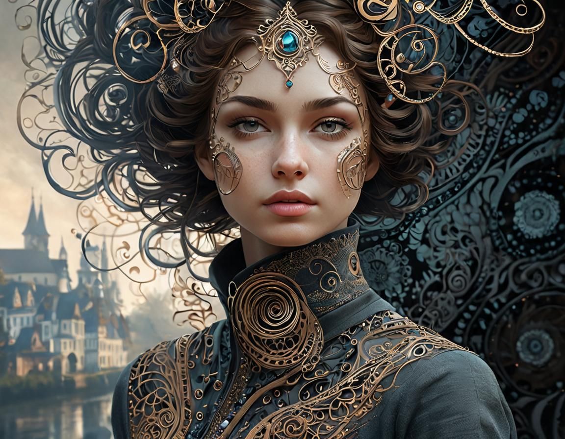 Woman Dissolves into Bronze Spirals Amidst Architecture