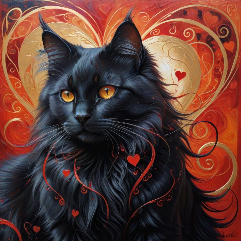 Elegant Black Cat in Surreal Red Oil Painting