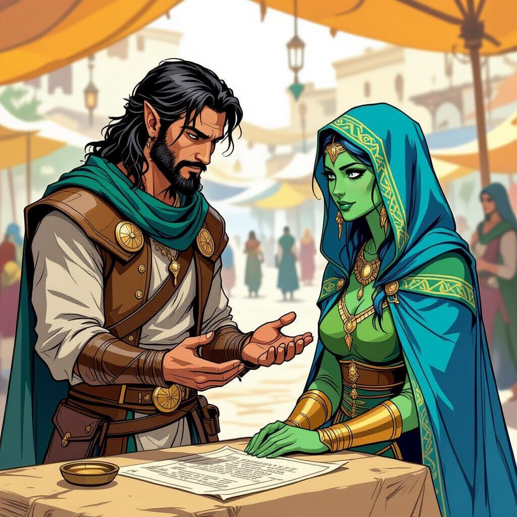 Athasian Merchant and Elf Bounty Negotiation, Comic Book Art