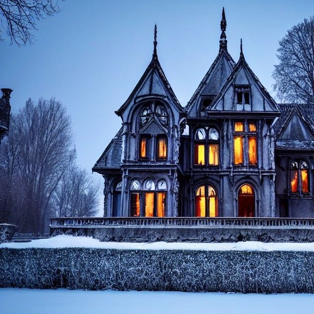 A haunted gothic style mansion on a winters evening