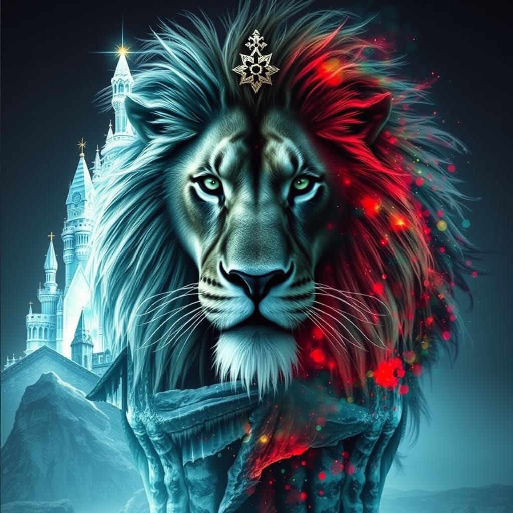 "Double exposure full portrait of a insanely majestic Aslan Lion with ice palace, glowing Narnia", Minjae Lee Chal...