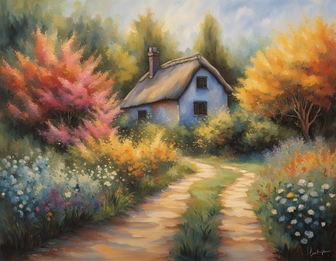Whimsical Cottage Scene in Impressionist Style