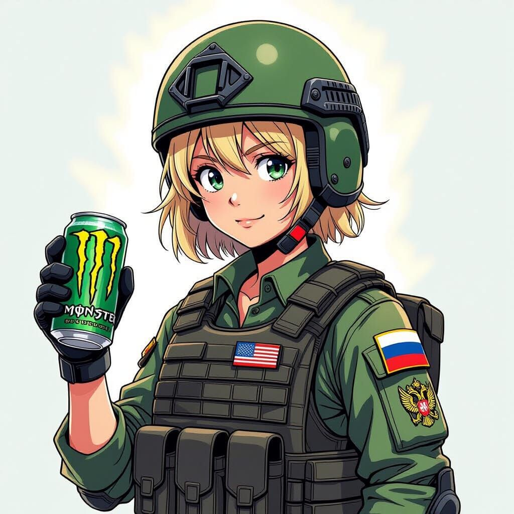Anime Girl with Russian Symbol Holds Energy Drink