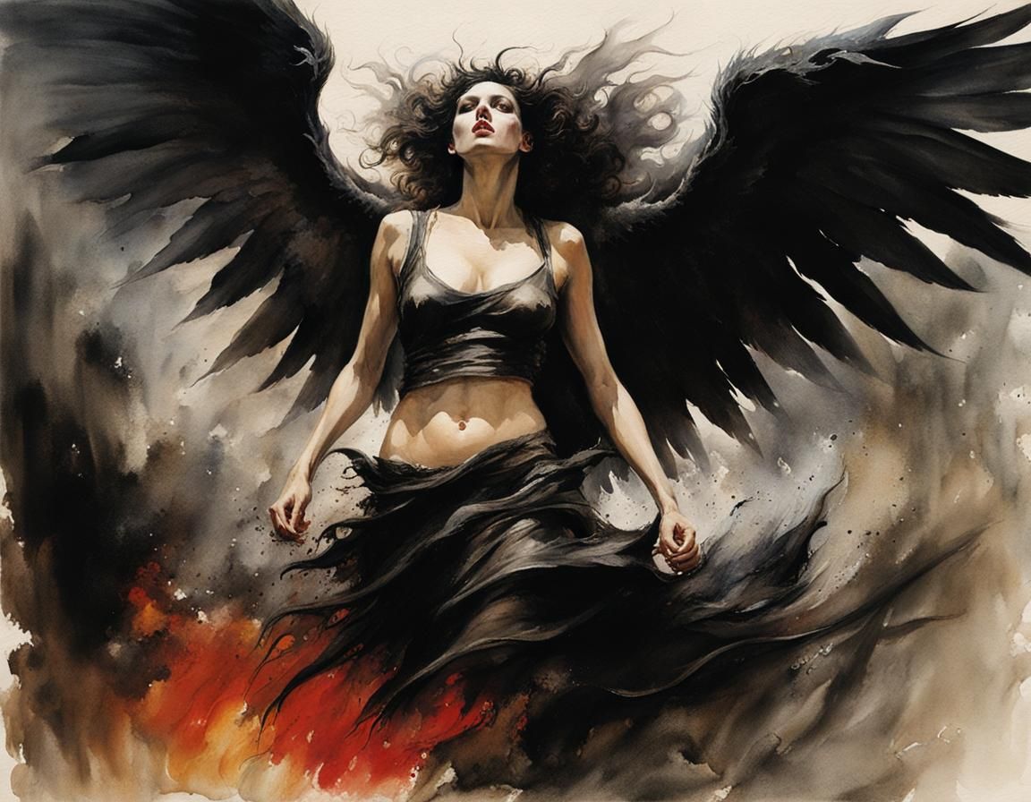 Fallen Angel Woman Battles Angels in Bleak Landscape
