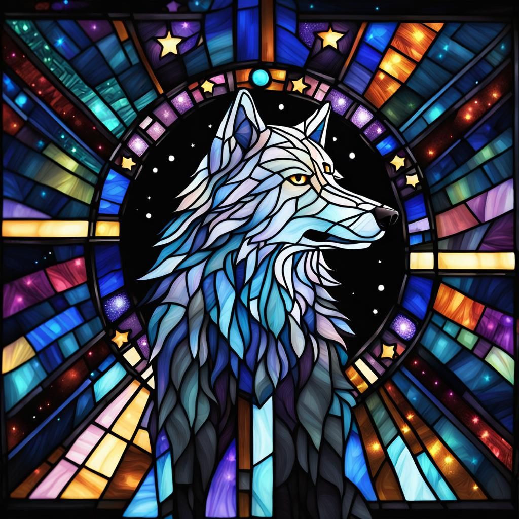 Stained Glass Wolf Gazing at Stars