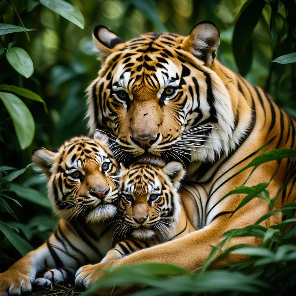 Mother Tiger Cradling Baby in Jungle Sunlight