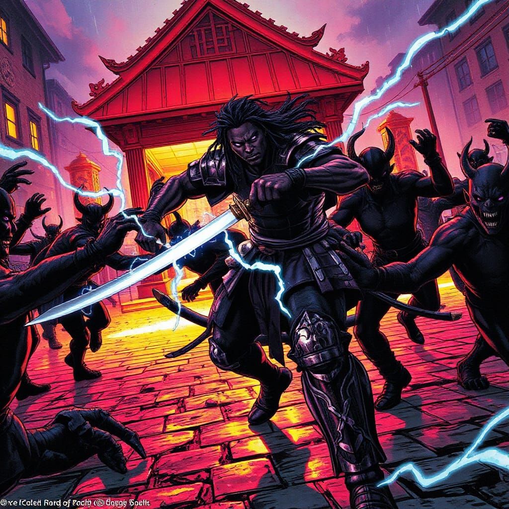 Manga Samurai Warrior Slices Demons with Energy Katana