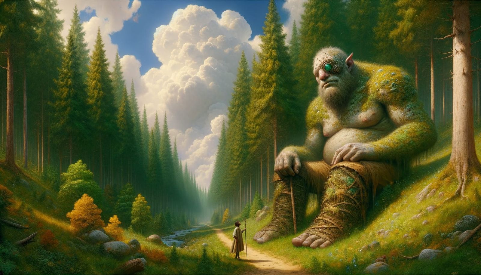 Gentle Cyclops Oracle in Verdant Forest, High-Fantasy Art