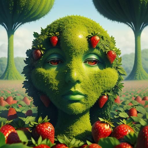 Strawberry Woman in Surrealist Meadow