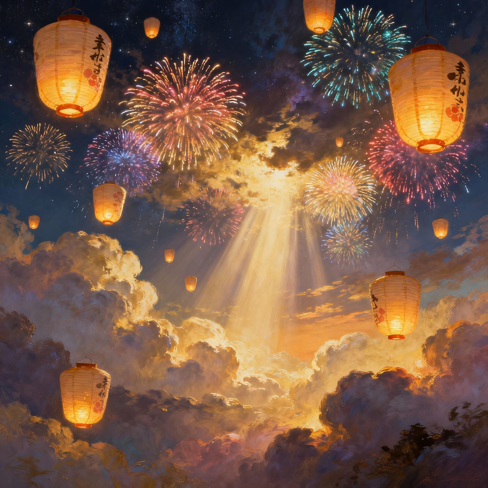 Glowing Japanese Lanterns & Fireworks in Night Sky Digital P...