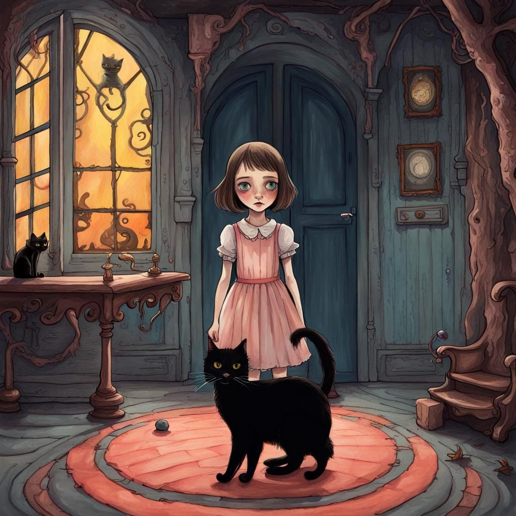 Fantasy Asylum: Girl with Black Cat in Gouache Style