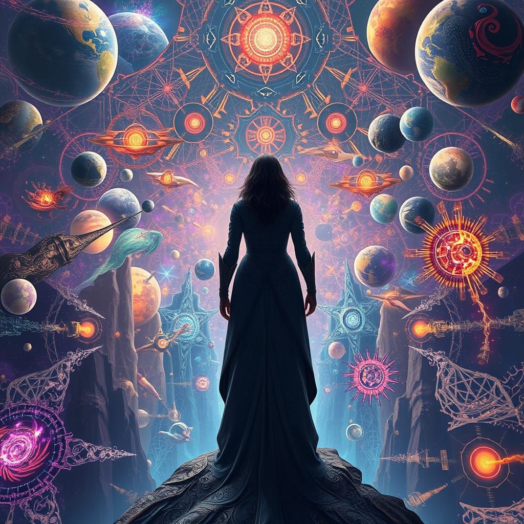 Kaleidoscopic Multiverse with Woman in Flowing Coat