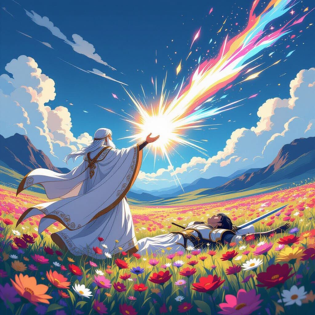 Sage Heals Warrior with Divine Light in Flower Field