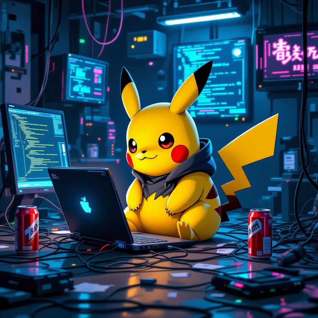 Pikachu as Cyberpunk Hacker in Dystopian Setting
