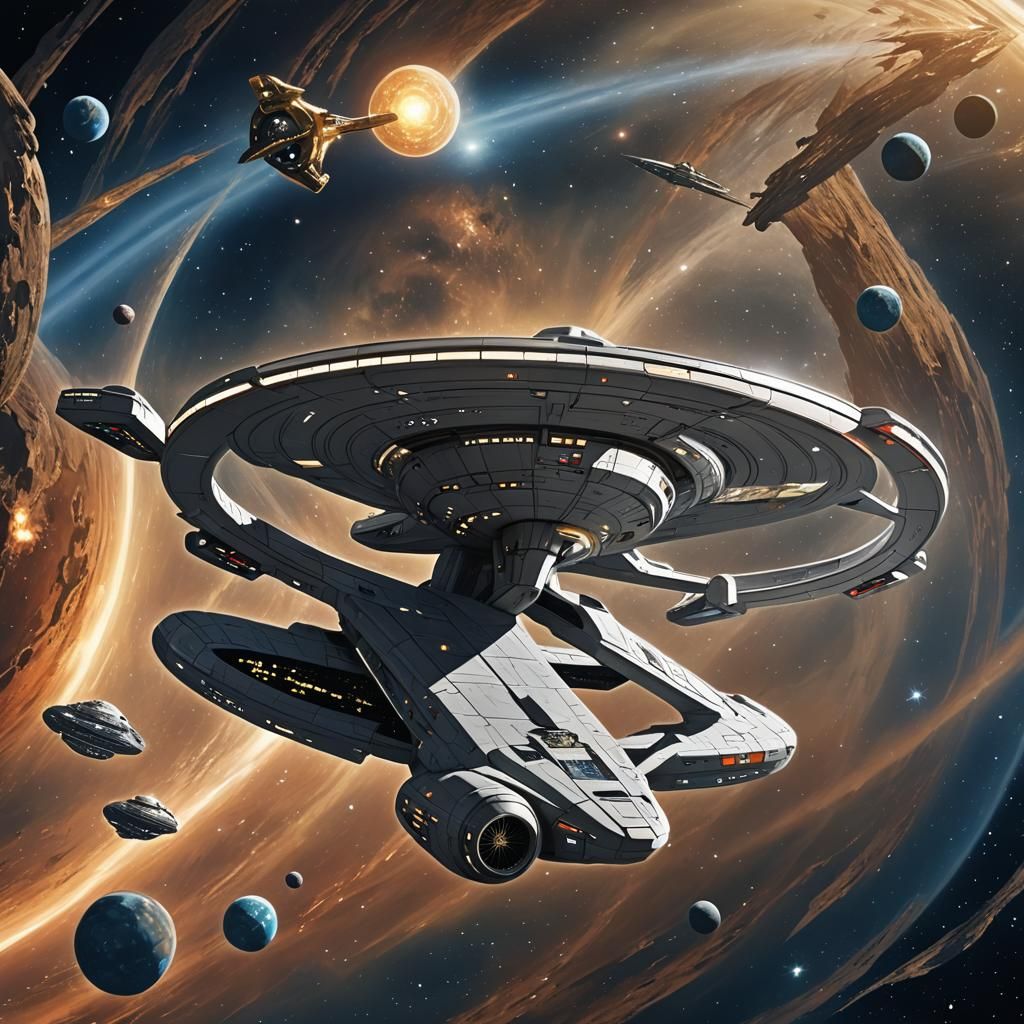 Starship Enterprise Orbiting Planet in Anime Style