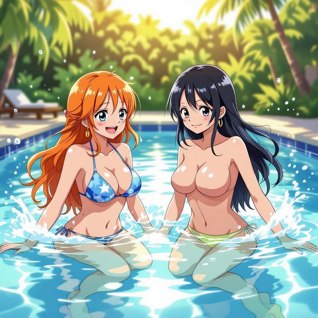 Nami and Robin in Swimsuits by the Pool
