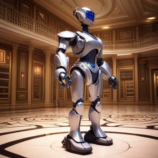 Futuristic Robot Butler in Elegant Mansion Foyer