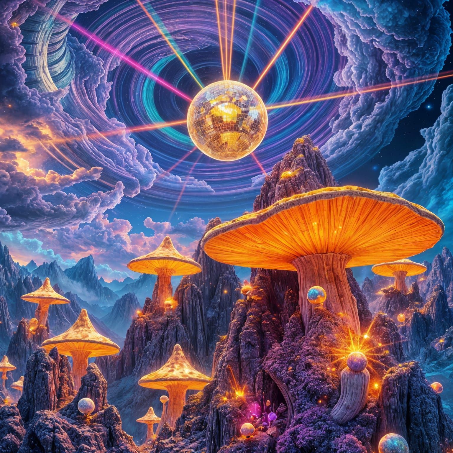 Psychedelic Mushroom Mountains with Disco Ball, Detailed Mat...