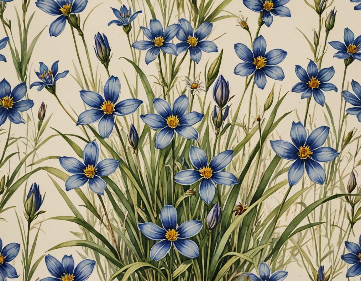 Vintage Watercolor Painting of Blue-Eyed Grass