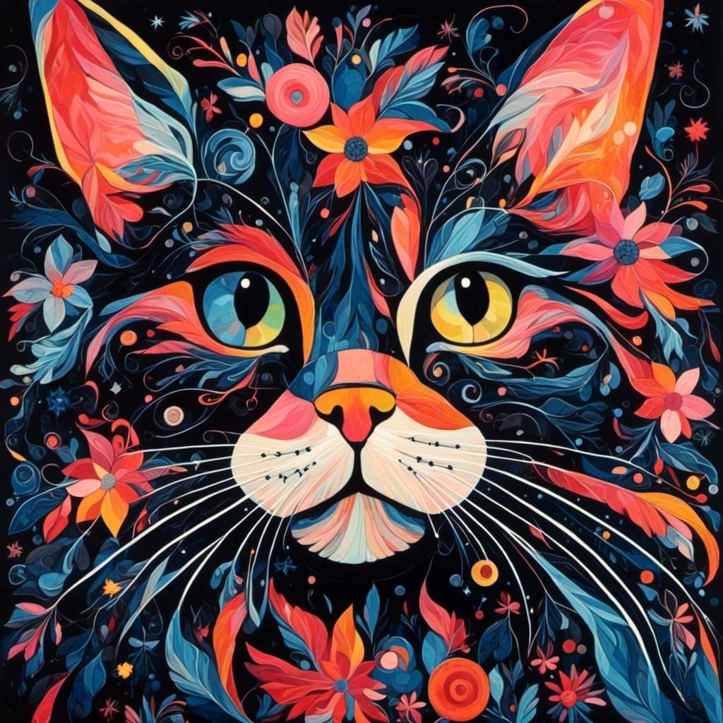 Whimsical Cat Portrait in Bright Colors