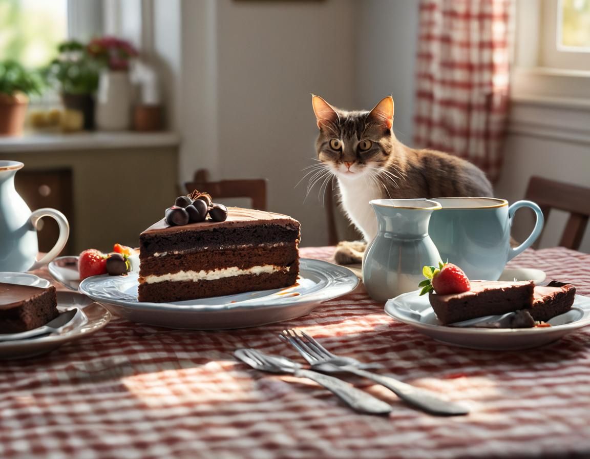 Curious Cat Eyes Chocolate Cake in Kitchen