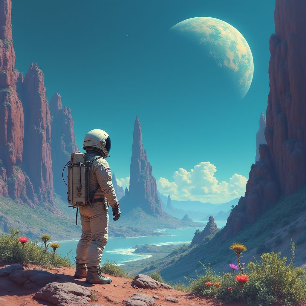 Astronaut Contemplates Earth on Alien Planet