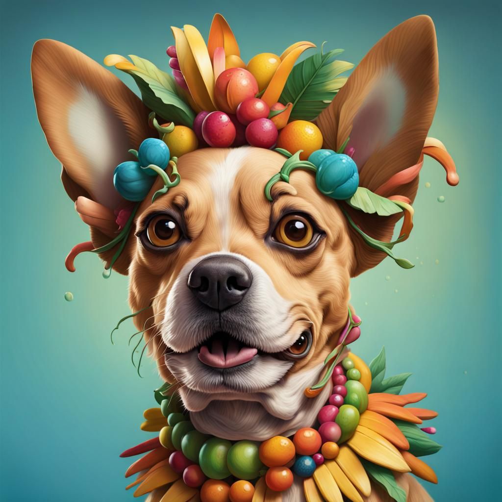 Carmen Miranda Dog in Hyperrealistic Splash Art