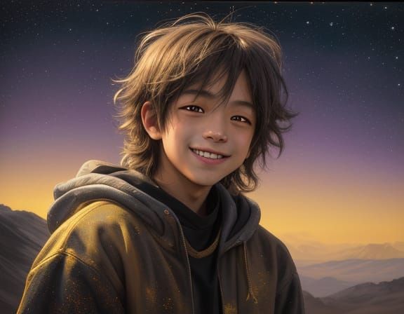 Child Boy in Cosmic Zen Setting - Grunge Oil Painting