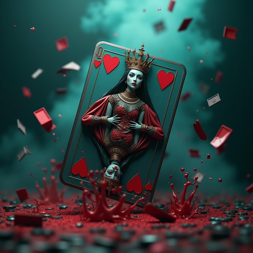 Chaotic Queen of Hearts Card in Baroque Style