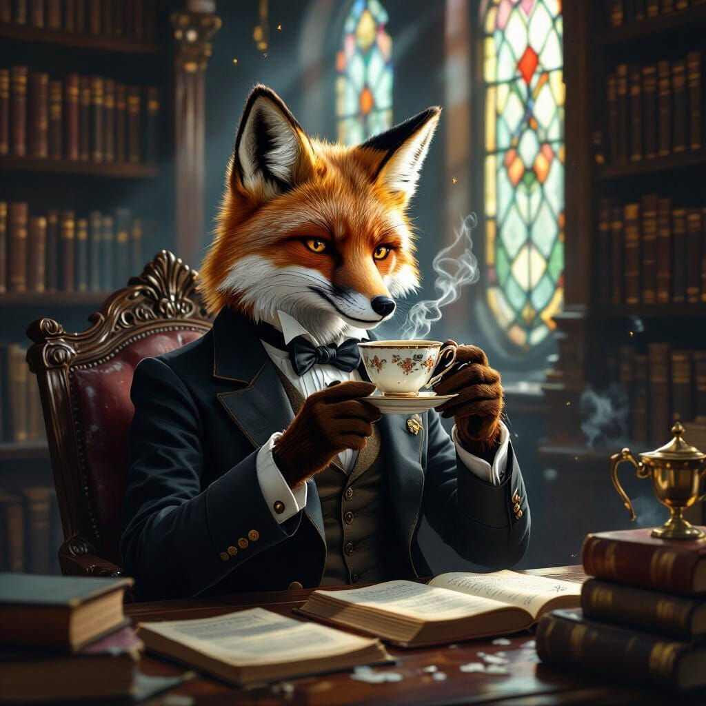 Victorian Fox Sipping Tea in Opulent Library