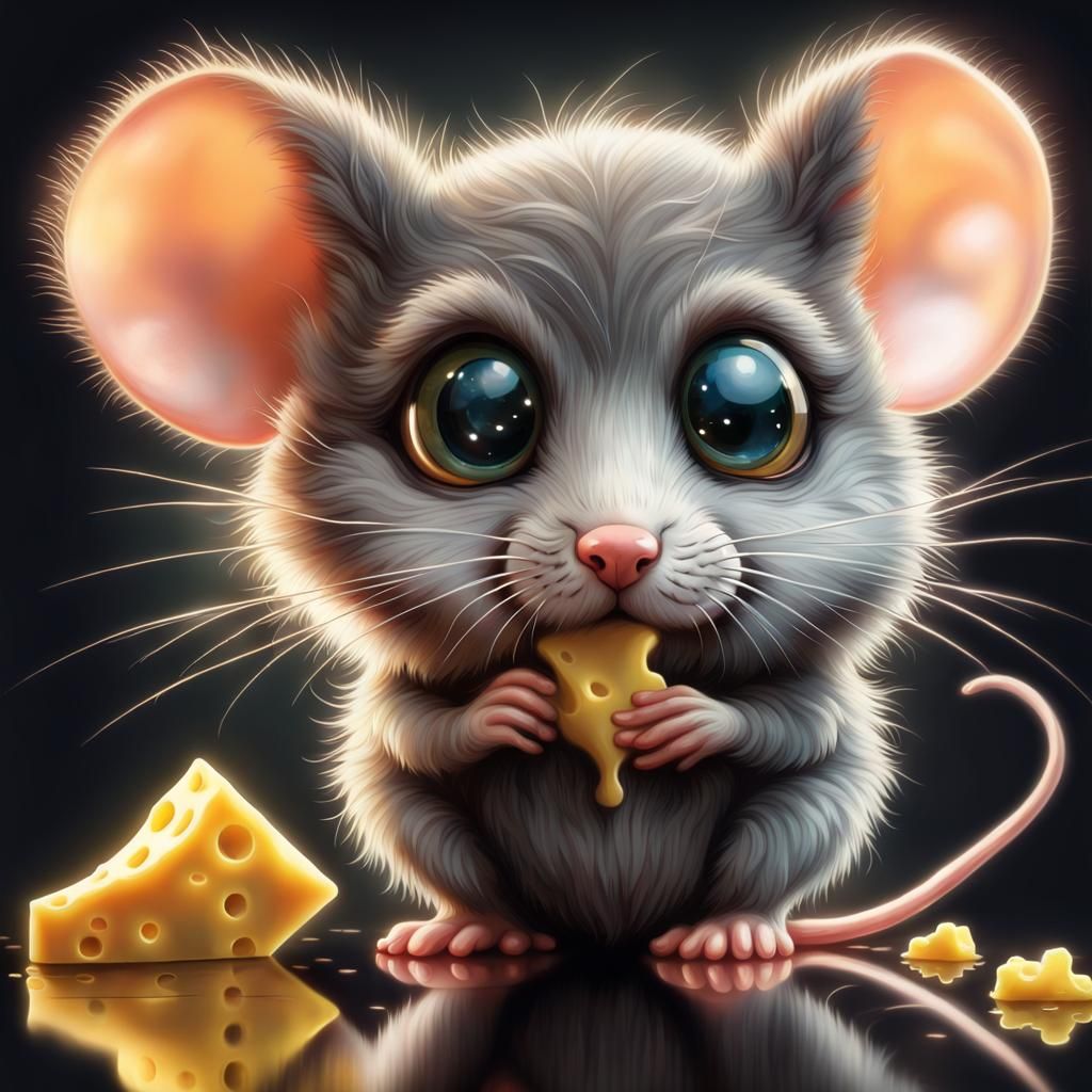 Cute Mouse with Shiny Eyes and Cheese