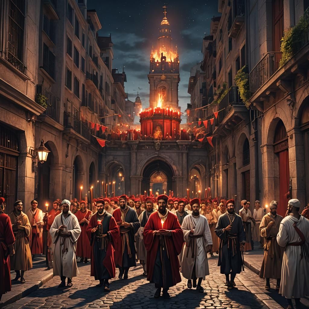 Madrid Street Procession at Night: Fantasy Concept Art