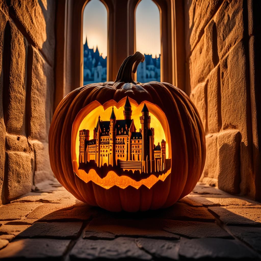 Neuschwanstein Castle Carved in Pumpkin: Golden Hour