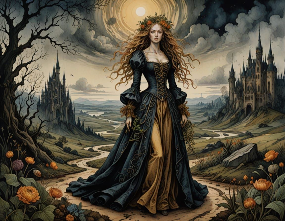 Woman Stands on Cracking Ground in Durer Style