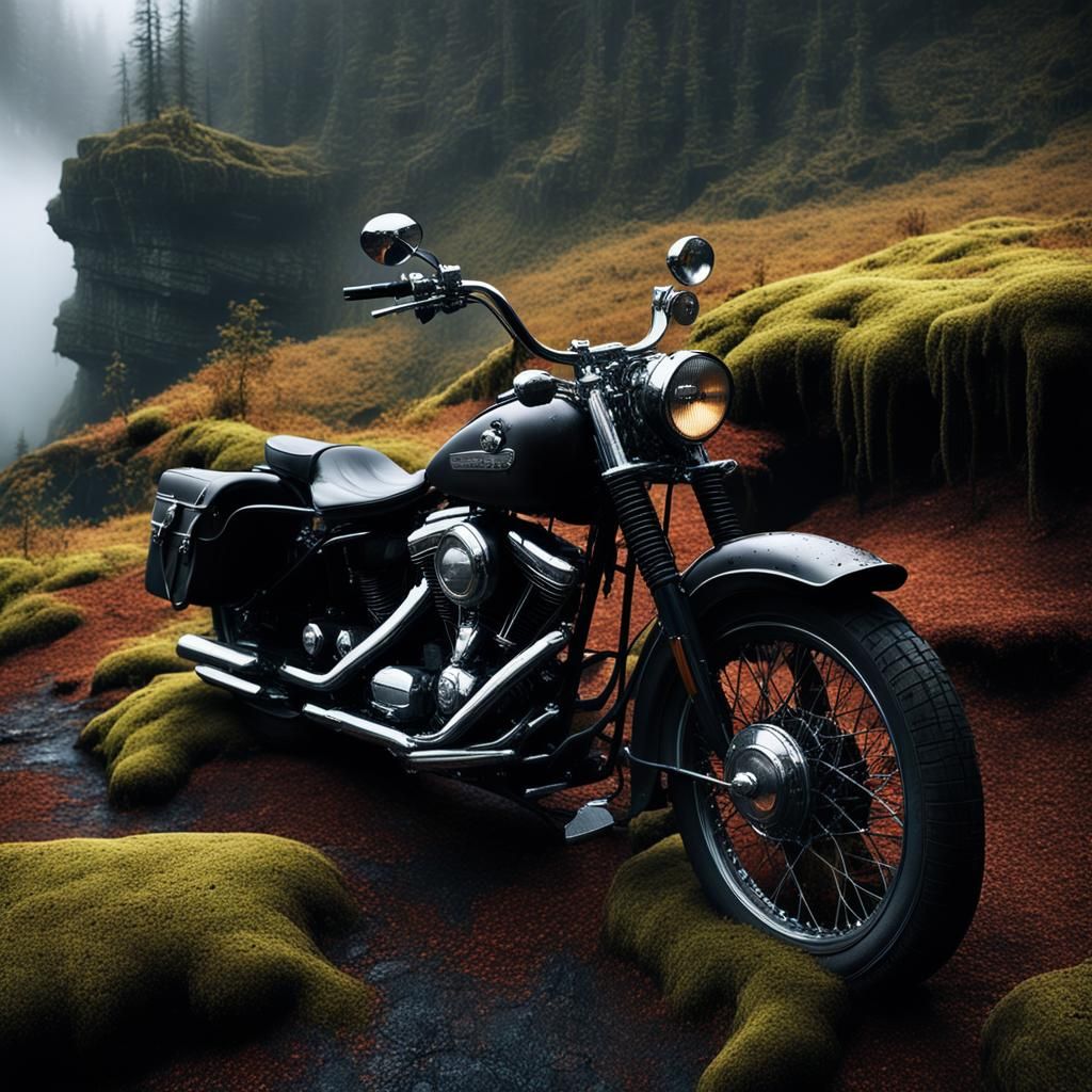 Moss-Covered Motorcycle in Dark Fantasy Landscape