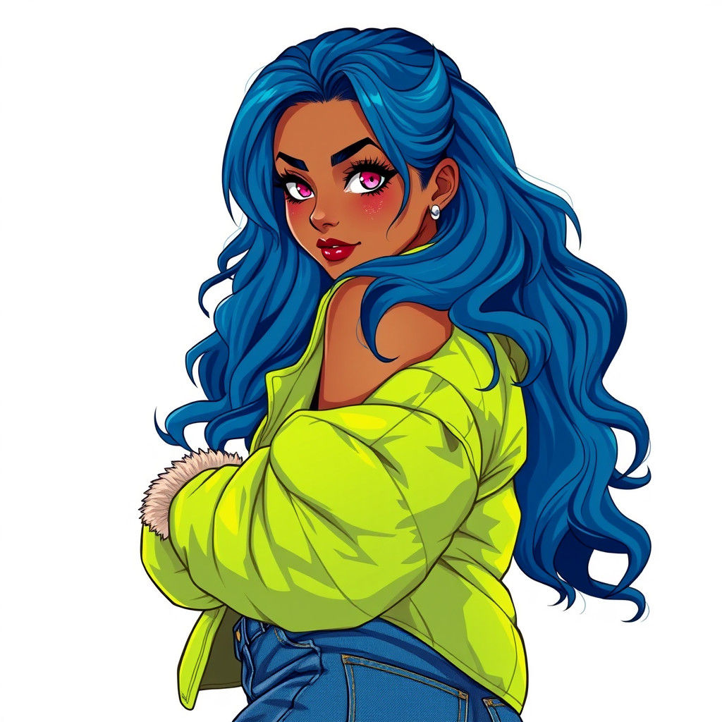 Confident Woman with Blue Hair in Anime Style
