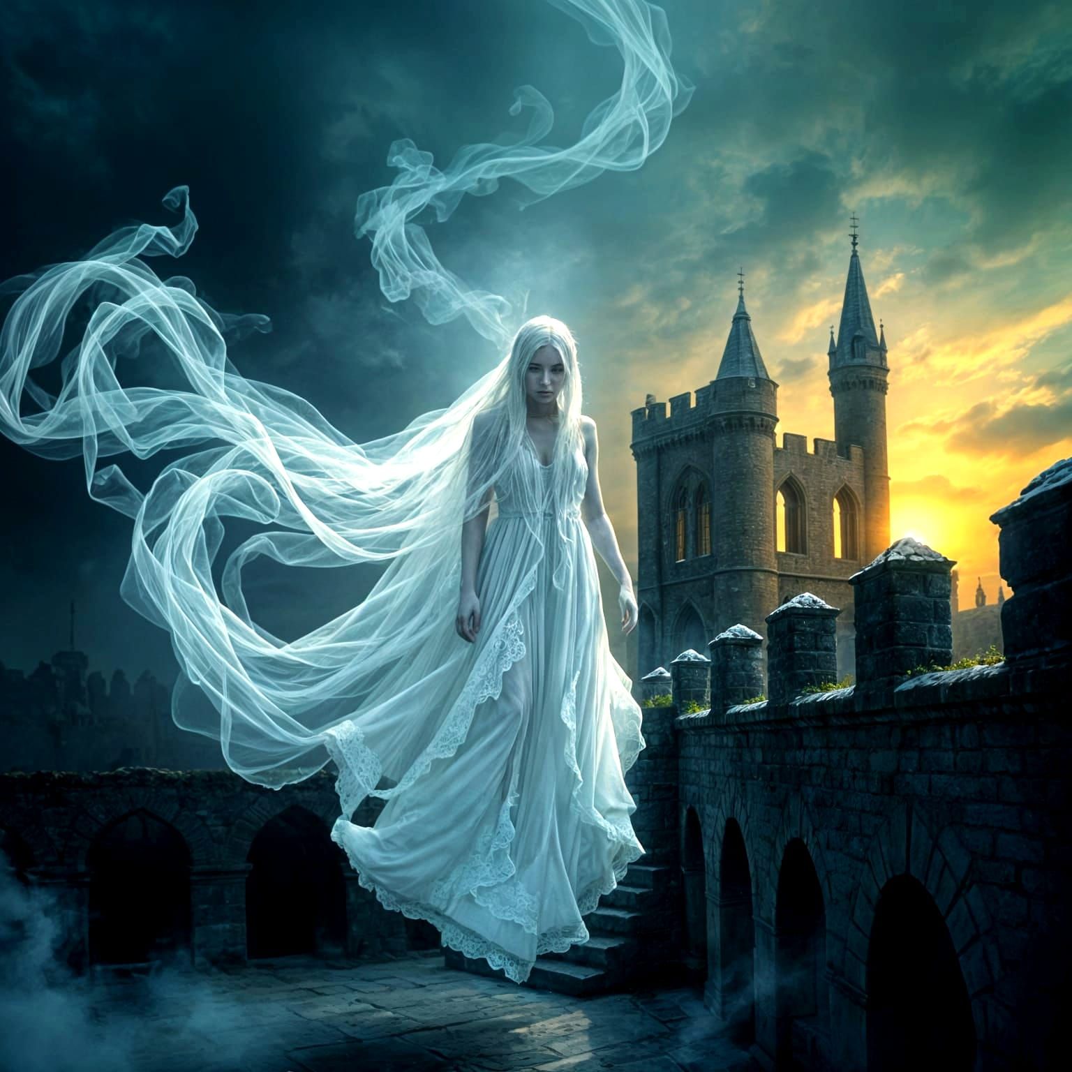 Luminous Ghostly Woman in Castle Ruins
