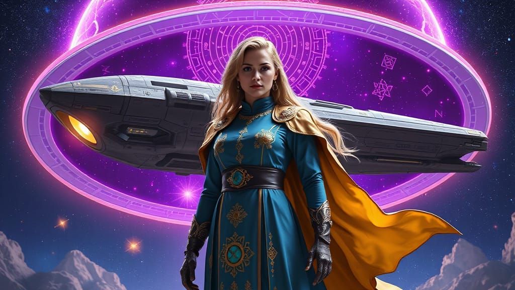 Majestic Queen with Persian Starship Under Violet Dome